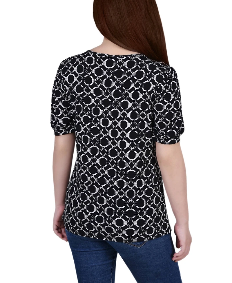 Petite Short Puff Sleeve Mesh Inset Top