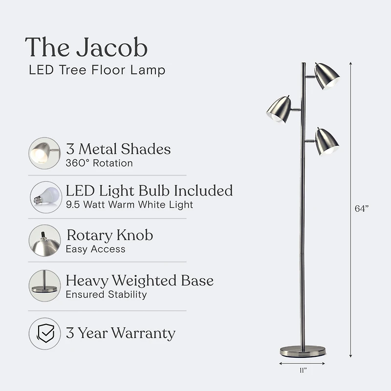 Jacob 64" Led Tree Floor Lamp with 3 Rotating Adjustable Heads