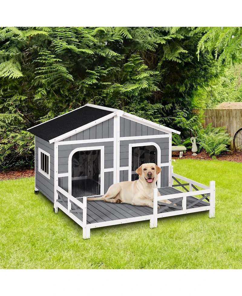PawHut Wooden Large Dog House, Perfect for the Porch or Deck, 59" L, Grey