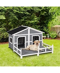 PawHut Wooden Large Dog House, Perfect for the Porch or Deck, 59" L, Grey