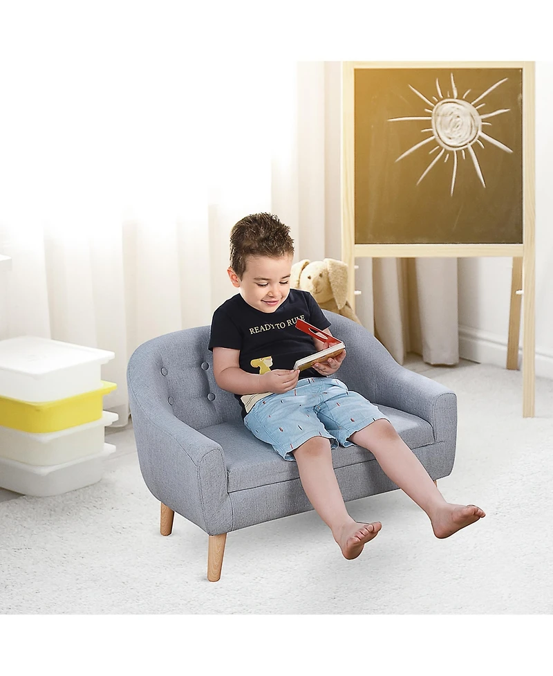 Qaba Cozy Children Sofa Couch Sturdy Wood 2 Seat Armrest Chair Kids Grey