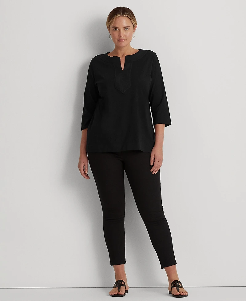 Lauren Ralph Women's Plus Split-Neck Three-Quarter Sleeve Cotton Tunic