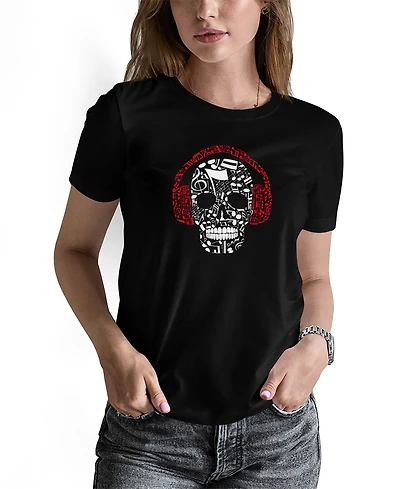 La Pop Art Women's Music Notes Skull Word T-shirt