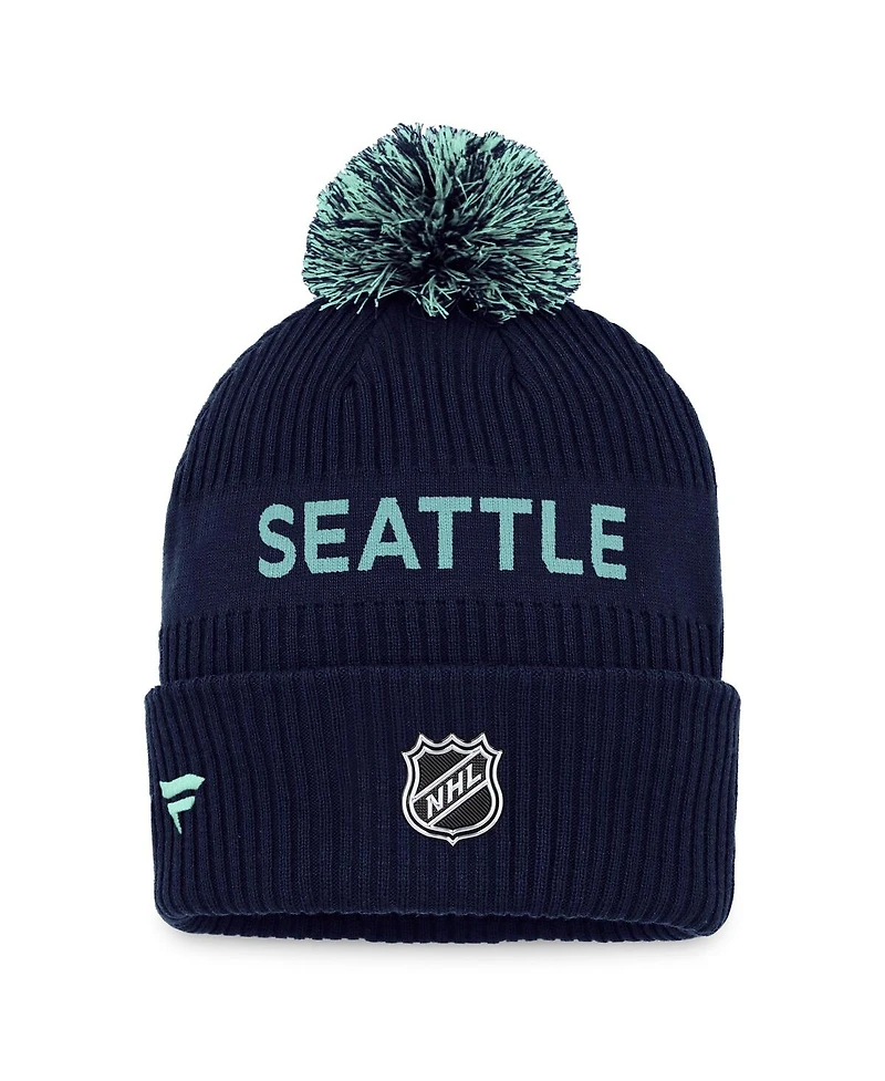 Men's Fanatics Deep Sea Blue, Light Blue Seattle Kraken 2022 Nhl Draft Authentic Pro Cuffed Knit Hat with Pom