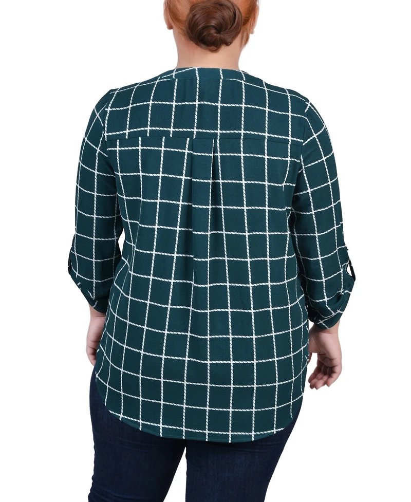 Ny Collection Plus 3/4 Sleeve Mandarin Collar Blouse with Front Pleats