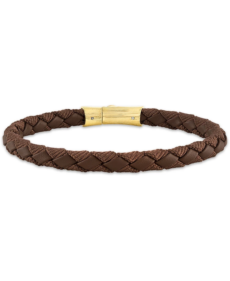 Esquire Men's Jewelry Black Leather Woven Bracelet in Sterling Silver (Also in Brown Leather & Blue Leather), Created for Macy's