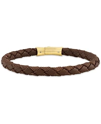 Esquire Men's Jewelry Black Leather Woven Bracelet in Sterling Silver (Also in Brown Leather & Blue Leather), Created for Macy's