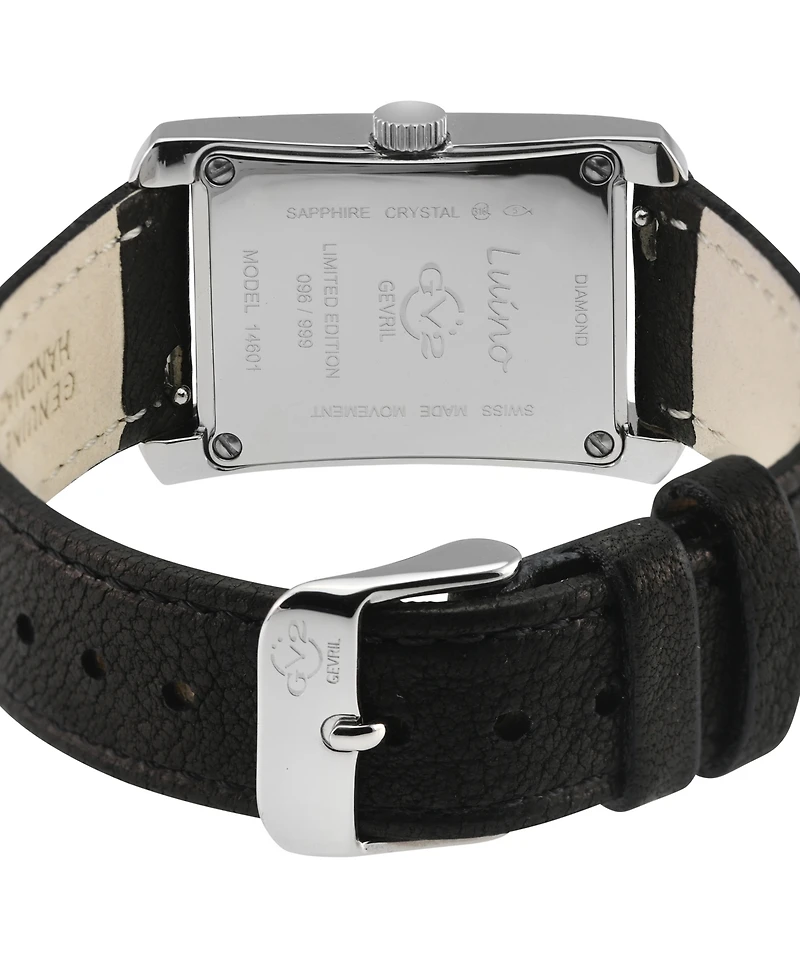 GV2 by Gevril Women's Luino Swiss Quartz Diamond Accents Black Handmade Italian Leather Strap Watch 23mm x 29mm