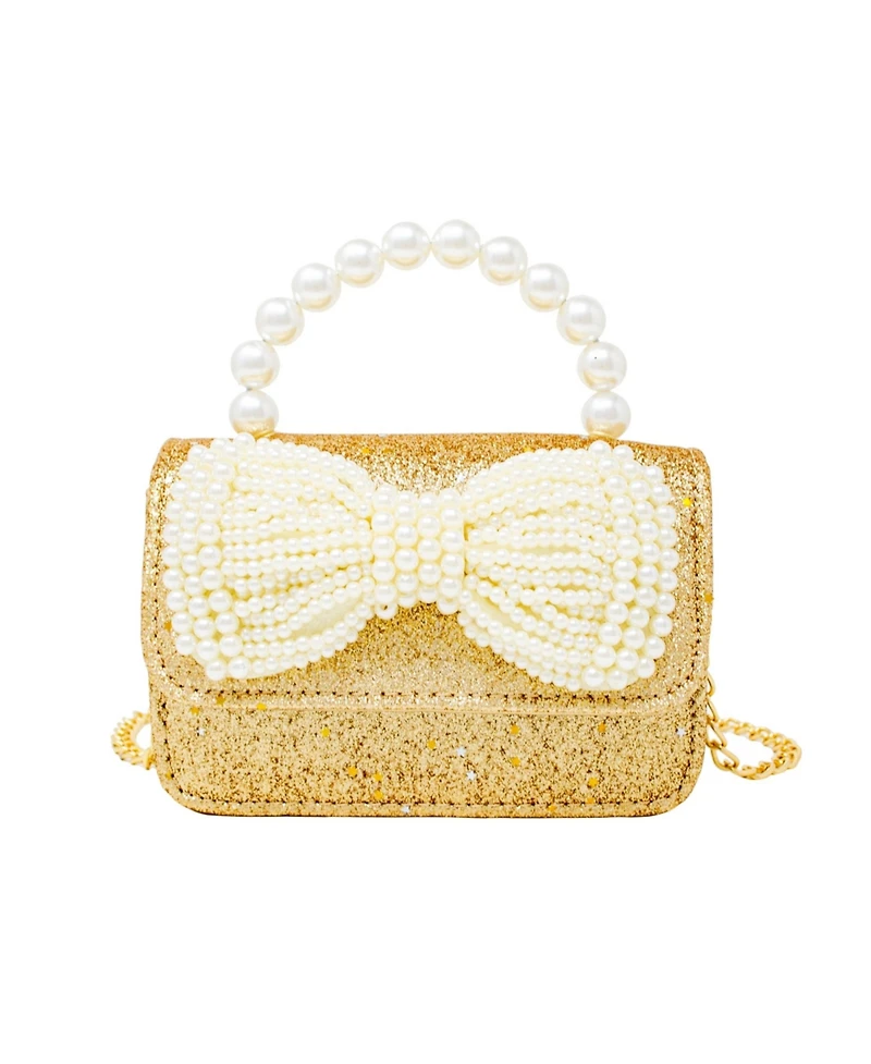 Tiny Treats Girls Gold Sparkle Bow Pearl Handle Bag