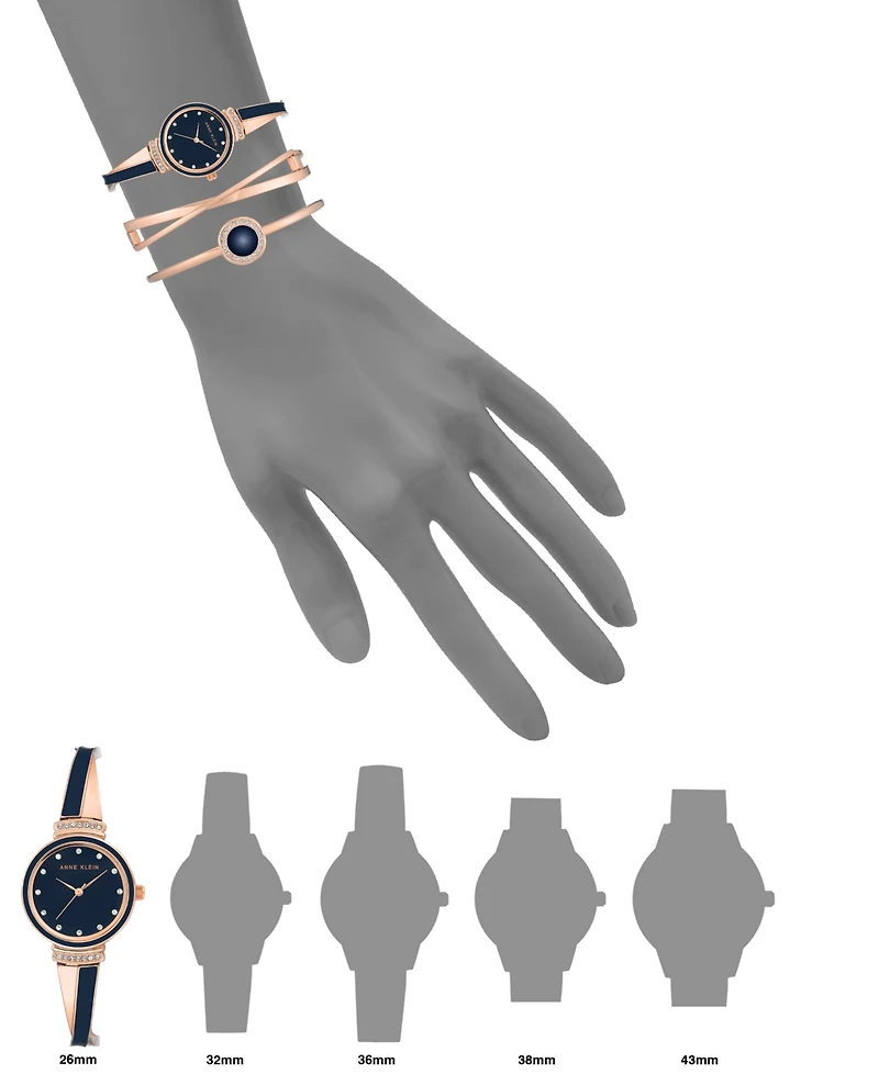 Anne Klein Women's Rose Gold-Tone Alloy Bangle with Navy Enamel and Crystal Accents Fashion Watch 33mm Set 3 Pieces