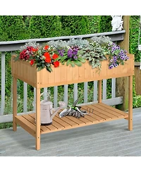 Elevated Natural Plant Stand Outdoor Flower Bed 8 Grid Box w/ Storage