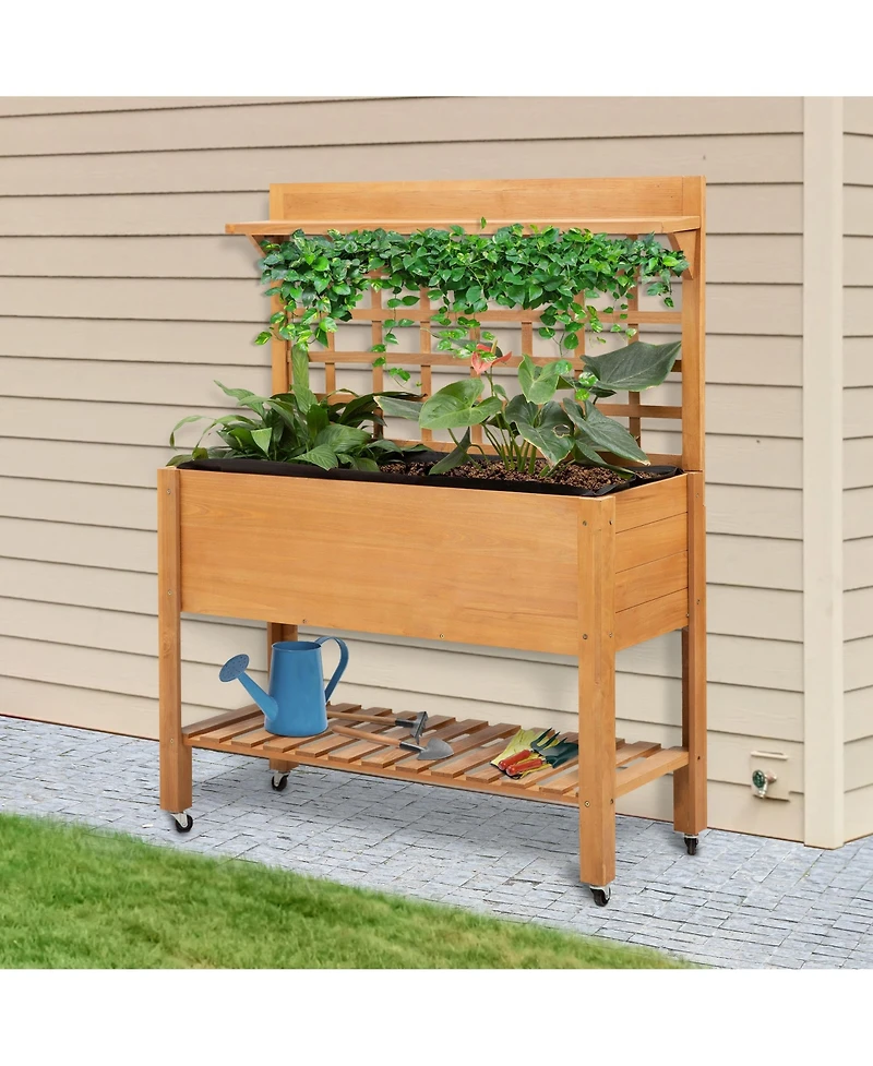 Outdoor Wooden Elevated Plant Bed w/ Shelves for Tool Storage & Wheels