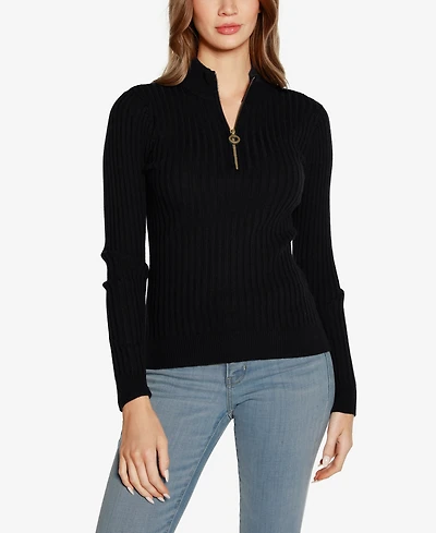 Belldini Women's Black Label Ribbed Mock Neck Half-Zip Sweater