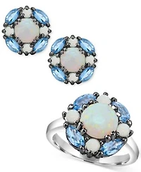 Lab Grown Opal Swiss Blue Topaz Cluster Ring Earrings Jewelry Collection In Sterling Silver