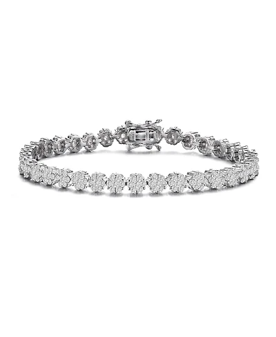 Sterling Silver with Rhodium Plated Clear Marquise and Round Cubic Zirconia Flower Design Tennis Bracelet