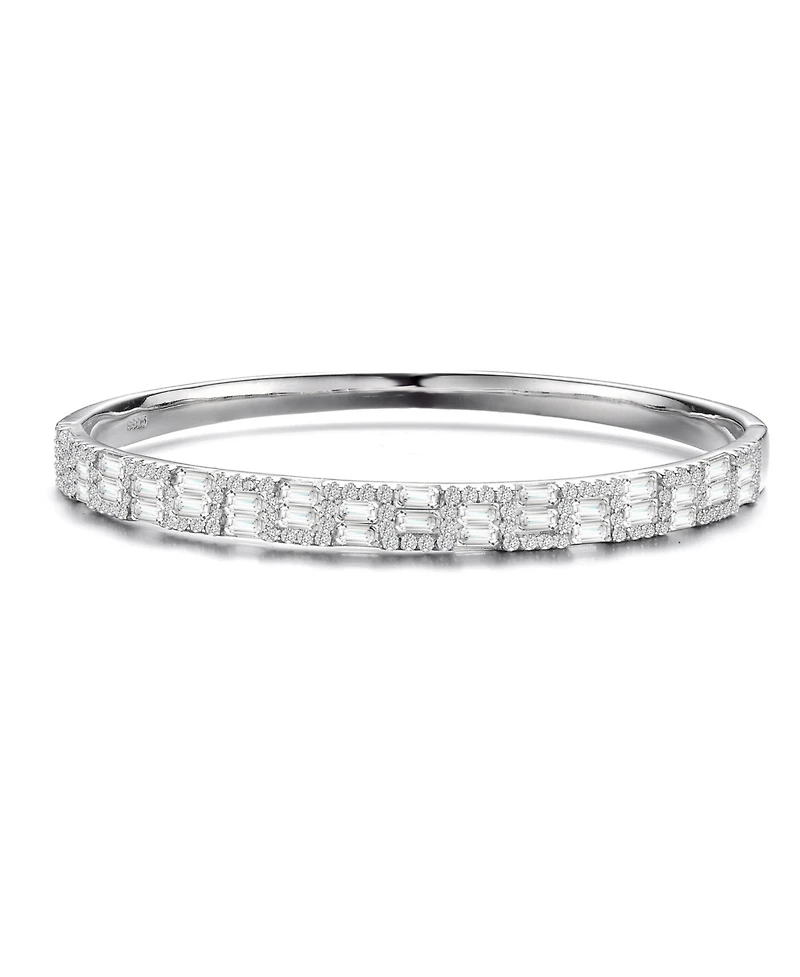 Sterling Silver with Rhodium Plated Clear Round and Green Cubic Zirconia Two-Row Accent Bangle Bracelet