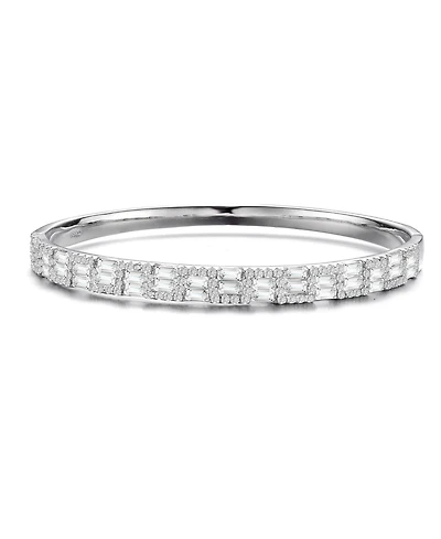 Sterling Silver with Rhodium Plated Clear Round and Green Cubic Zirconia Two-Row Accent Bangle Bracelet