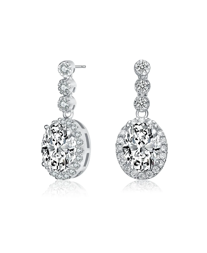 Sterling Silver with Clear Oval and Round Cubic Zirconia Halo Drop Earrings in White Gold Plated or 14K Gold Plated