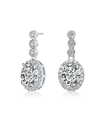 Sterling Silver with Clear Oval and Round Cubic Zirconia Halo Drop Earrings in White Gold Plated or 14K Gold Plated