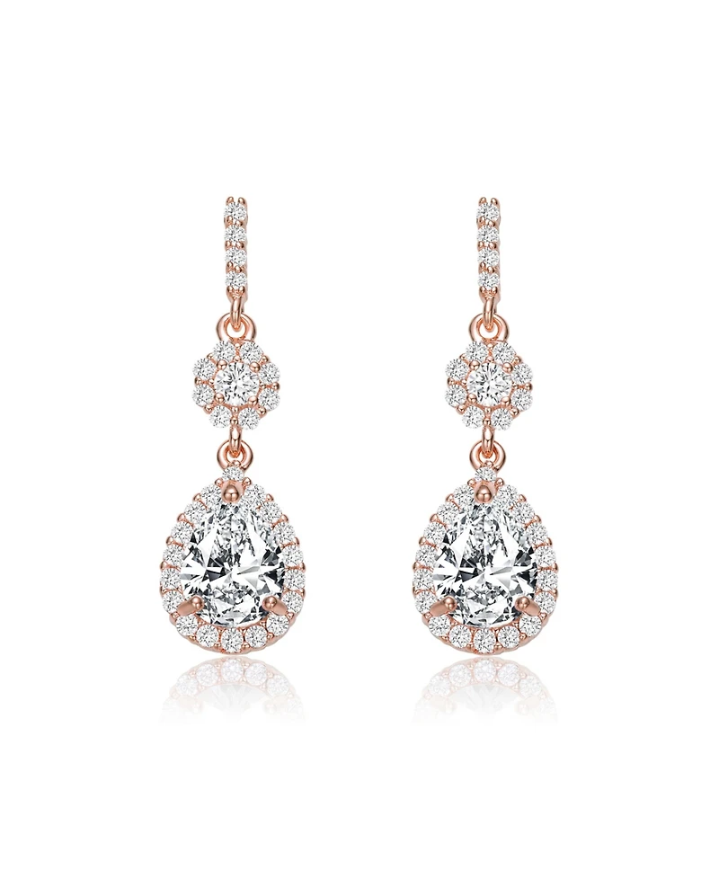 Sterling Silver with Rose Gold Plated Clear Pear with Round Cubic Zirconia Halo and Cluster Accent Drop Earrings