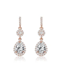 Sterling Silver with Rose Gold Plated Clear Pear with Round Cubic Zirconia Halo and Cluster Accent Drop Earrings