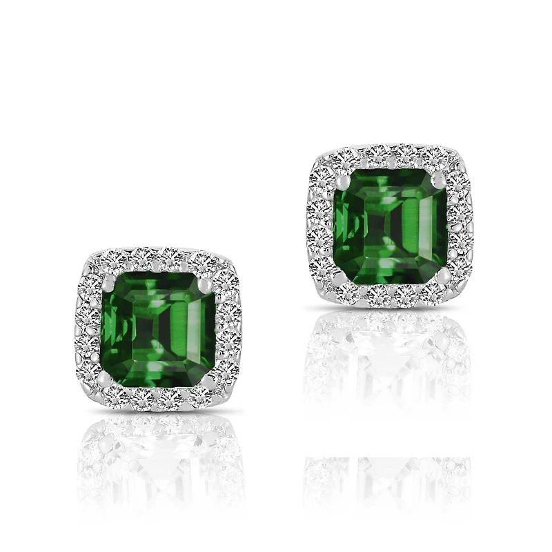 Cubic Zirconia Sterling Silver Rhodium Plated Green Square Shape Assher Cut Earrings