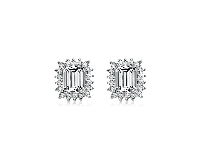 Sterling Silver with Rhodium Plated Clear Green and Round Cubic Zirconia Halo Stud Earrings