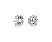 Sterling Silver with Rhodium Plated Clear Green and Round Cubic Zirconia Halo Stud Earrings