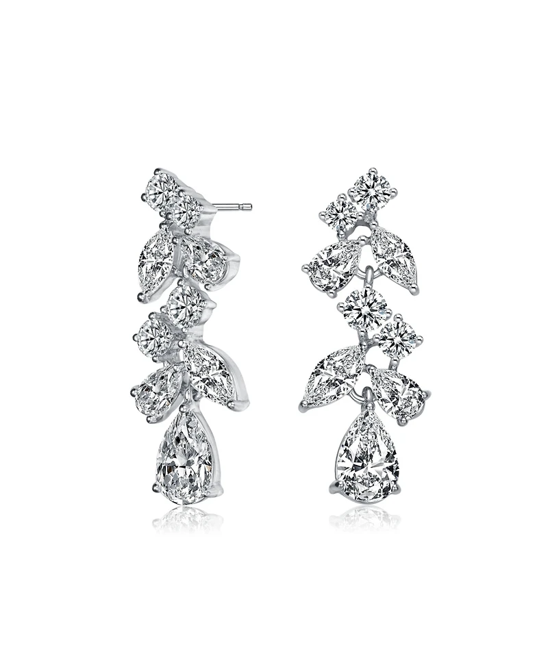 Sterling Silver with Rhodium Plated Clear Pear with Marquise and Round Cubic Zirconia Accent Dangle Earrings