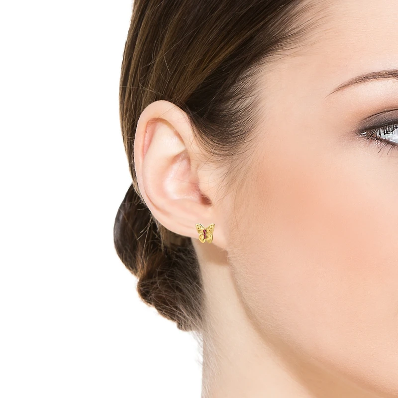 Enchanting 14k Yellow Gold Plated 3-Stone Filigree Butterfly Stud Earrings with Cubic Zirconia