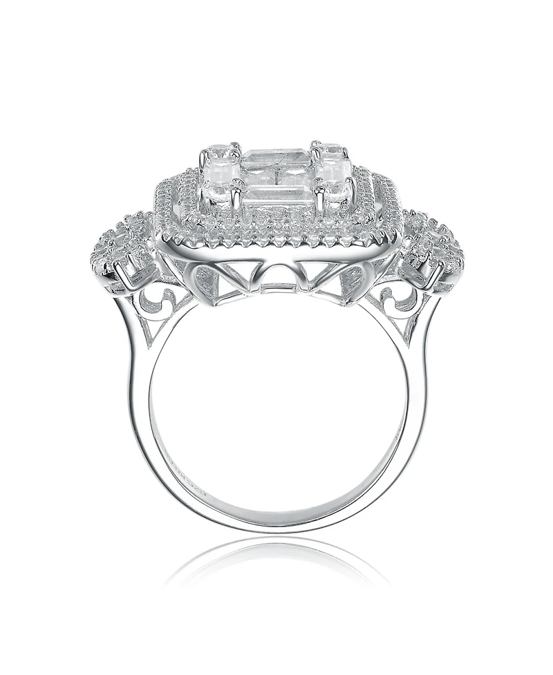 Sterling Silver White Gold Plated Clear Baguette and Round Cubic Zirconia's Double Halo Clustered Cocktail Ring