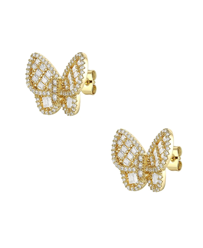 14k Gold Plated Sterling Silver with Cubic Zirconia Clusters Butterfly Stud Earrings
