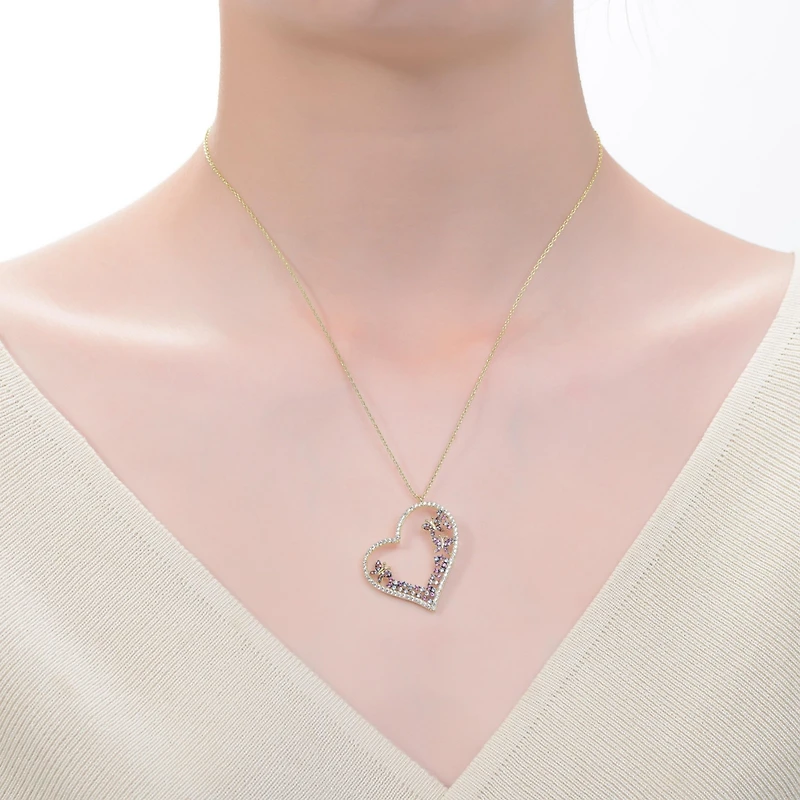 Teens Sterling Silver 14K Gold Plated Multi Colored Cubic Zirconia Heart Necklace