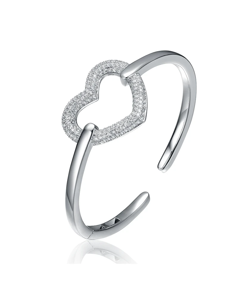 White Gold Plated Sterling Silver with Cubic Zirconia French Pave Heart Halo Bracelet