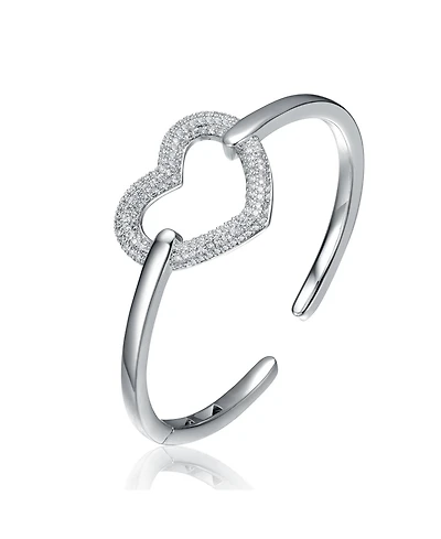 White Gold Plated Sterling Silver with Cubic Zirconia French Pave Heart Halo Bracelet