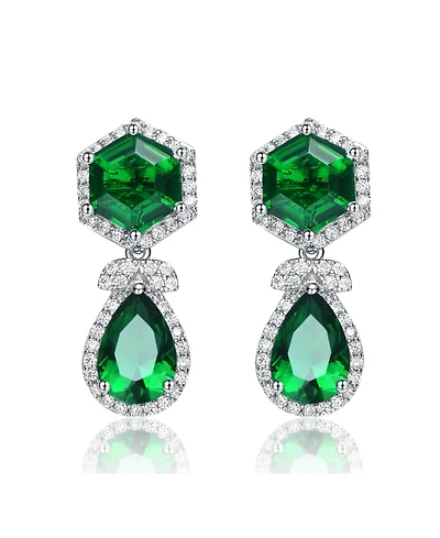 Vintage Rhodium-Plated Halo Earrings Sterling Silver with Green & Cubic Zirconia