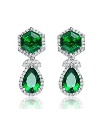 Vintage Rhodium-Plated Halo Earrings Sterling Silver with Green & Cubic Zirconia