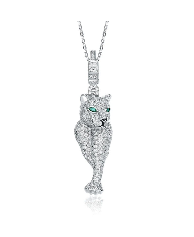 Sterling Silver Rhodium Plated Green Cubic Zirconia "Cheetah" Spring Ring Pendant