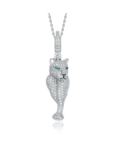 Sterling Silver Rhodium Plated Green Cubic Zirconia "Cheetah" Spring Ring Pendant