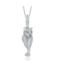 Sterling Silver Rhodium Plated Green Cubic Zirconia "Cheetah" Spring Ring Pendant