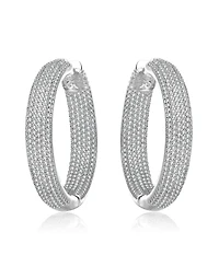 Ra Rhodium Plated Clear Round Cubic Zirconia Pave Hoop Earrings