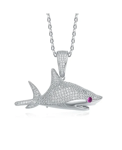 Rhodium-Plated with Red & Cubic ZIrconia Ice Out Shark Pendant Necklace in Sterling Silver