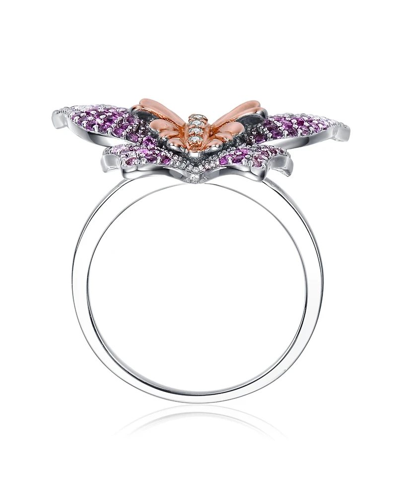 Elegant Sterling Silver & Rose Gold-Plated Multicolor Cubic Zirconia Butterfly Ring