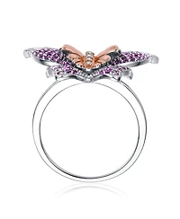 Elegant Sterling Silver & Rose Gold-Plated Multicolor Cubic Zirconia Butterfly Ring