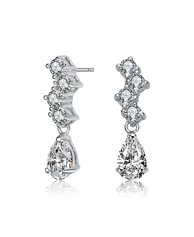 Sterling Silver with Rhodium Plated Clear Pear and Round Cubic Zirconia ZigZag Drop Earrings