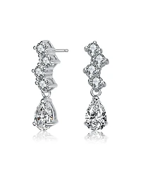 Sterling Silver with Rhodium Plated Clear Pear and Round Cubic Zirconia ZigZag Drop Earrings