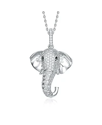 Rhodium-Plated with Cubic Zirconia Iced Out Lucky Elephant Head Pendant Necklace in Sterling Silver