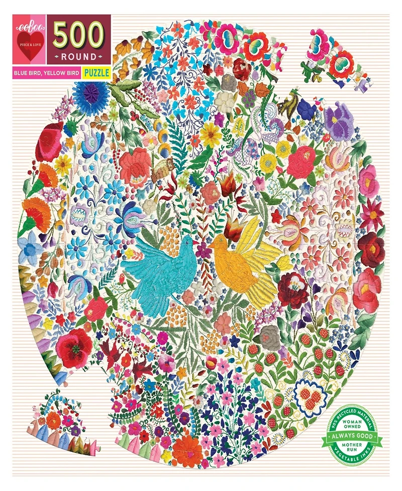 Eeboo Piece and Love Blue Bird Yellow Bird Adult Round Jigsaw Puzzle