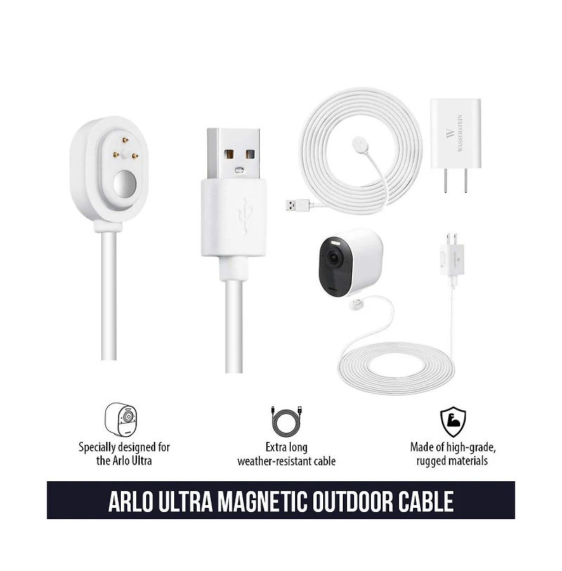 Wasserstein 25ft Weatherproof Outdoor Magnetic Charging Cable w/ Quick Charge Adapter for Arlo Ultra/Ultra 2, Pro 3/Pro 4 (1 Pack, White)