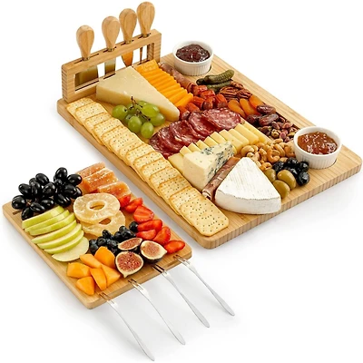 Wooden Cheese Board Set - Extra Thick Bamboo Charcuterie Board Set with 4 Piece Knife Set